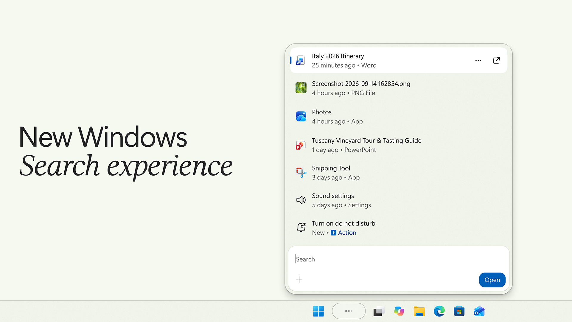 An updated search box within Windows, showing different apps, images and files