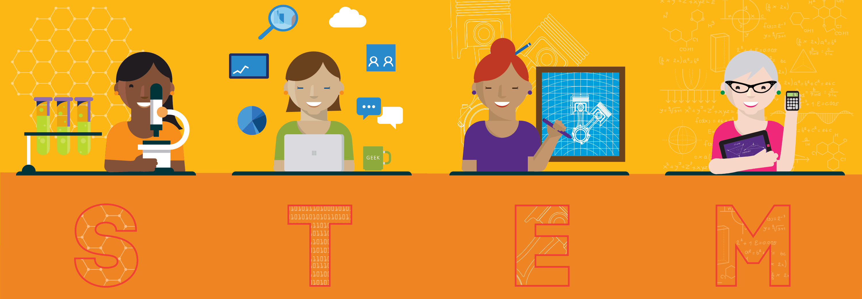Animation shows four girls studying science, technology and other STEM fields
