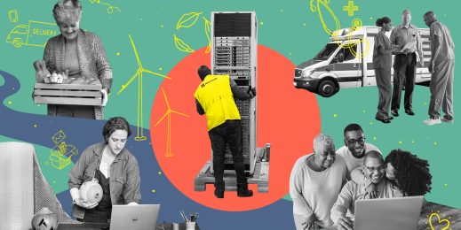 An animated illustration (GIF) showing how Microsoft datacenters are operating around the clock to support the life-saving work of doctors and first responders while also empowering everyday necessities like food deliveries, remote work and video calls to family.