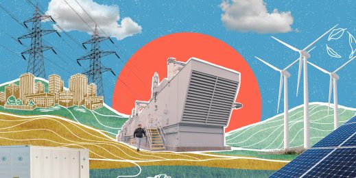 A datacenter surrounded by examples of renewable energy sources such as wind and solar power, with buildings and electrical lines in the background.